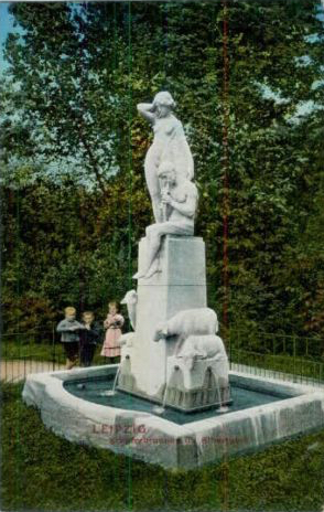 Schäferbrunnen um 1912, kolorierte Postkarte von 1912 (Copyright frei)