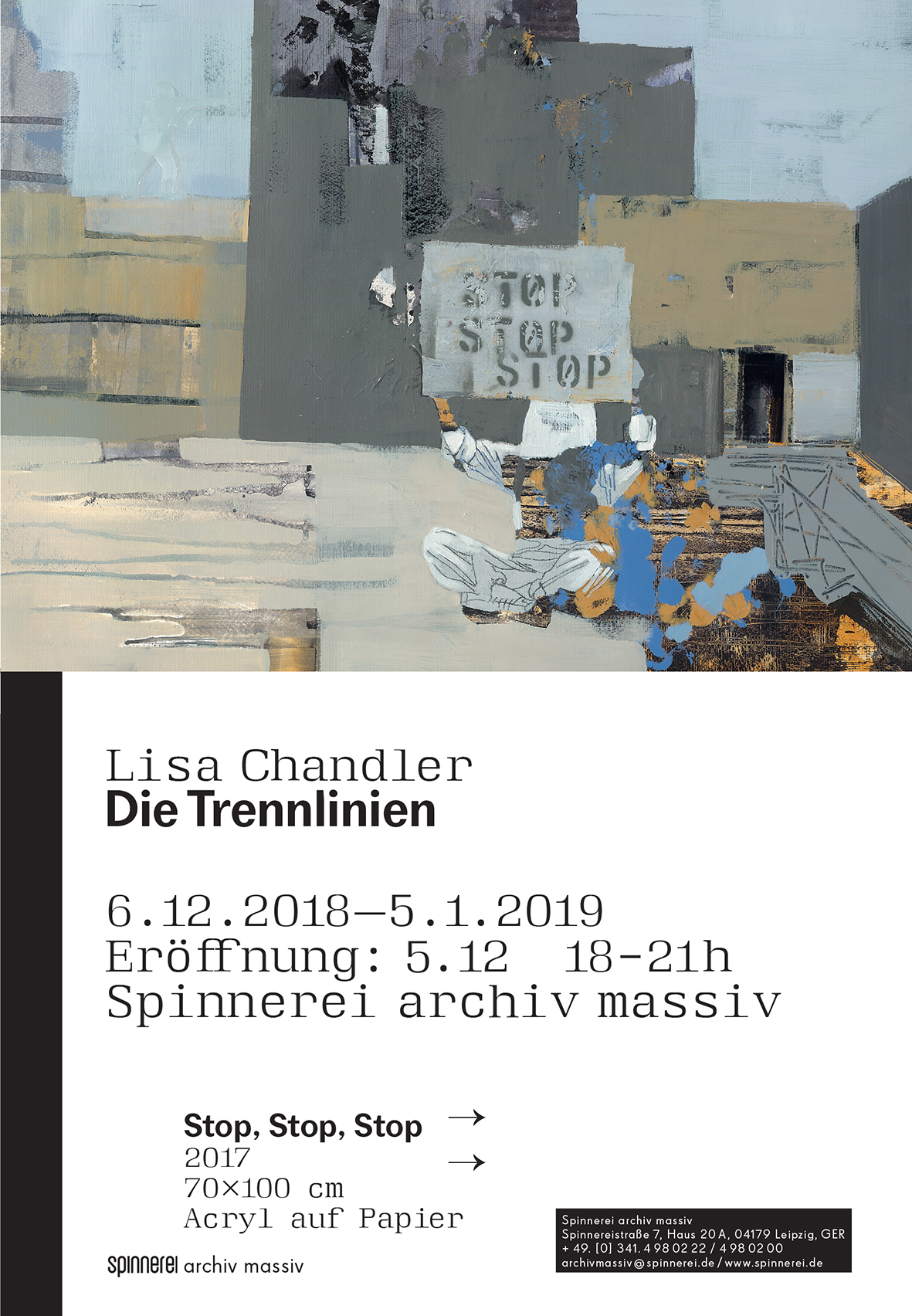 Lisa Chandler, Einladungskarte für ihre Ausstellung "Die Trennlinien" im archiv massiv auf dem Alten Baumwollspinnereigelände Leipzig.